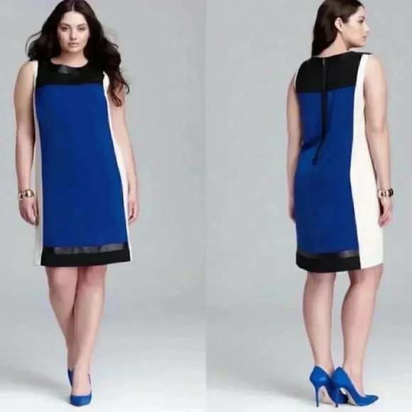 DKNY Retro Black & Blue Color Block Leather Trim Sleeveless Shift Mini Dress - Picture 1 of 10